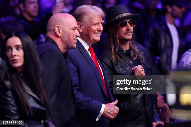 Former U.S. President Donald Trump, UFC president Dana White, and Kid Rock pose fora photo during the UFC 295 event at Madison Square Garden on...