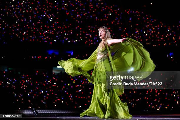 Taylor Swift performs onstage during "Taylor Swift | The Eras Tour" at Estadio Olimpico Nilton Santos on November 17, 2023 in Rio de Janeiro, Rio de...