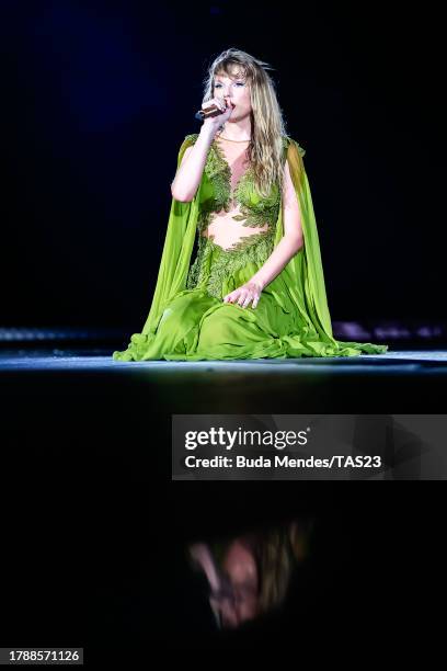 Taylor Swift performs onstage during "Taylor Swift | The Eras Tour" at Estadio Olimpico Nilton Santos on November 17, 2023 in Rio de Janeiro, Rio de...