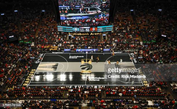 Game begins on the court of the NBA In Season tournament. Toronto Raptors vs Boston Celtics during 1sh half action of NBA regular season play at...