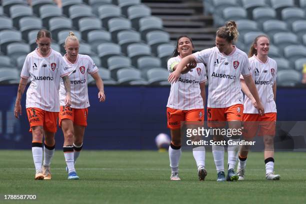 Ayesha Norrie of the Roar celebrates aduring the A-League Women round four match between Central Coast Mariners and Brisbane Roar at Industree Group...