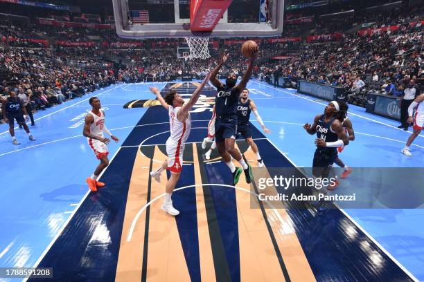 James Harden of the LA Clippers drives to the basket during the game against the Houston Rockets during the In-Season Tournament on November 17, 2023...