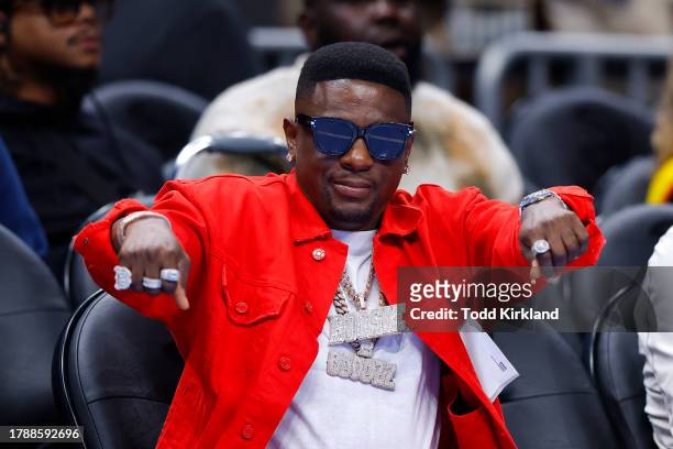 Rapper, Boosie sits court side during an NBA In-Season Tournament game between the Philadelphia 76ers and Atlanta Hawks at State Farm Arena on...