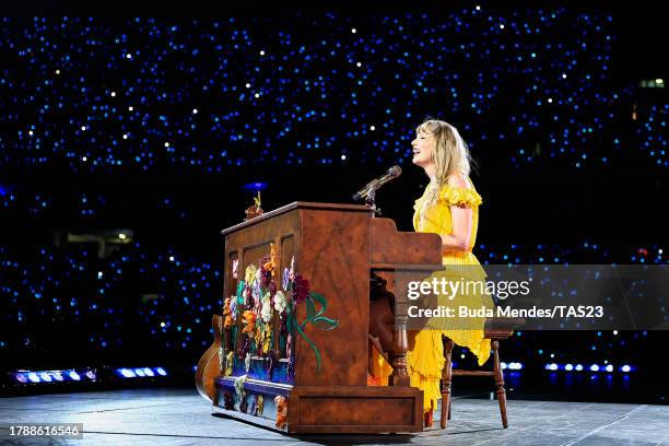 Taylor Swift performs onstage during "Taylor Swift | The Eras Tour" at Estadio Olimpico Nilton Santos on November 17, 2023 in Rio de Janeiro, Rio de...