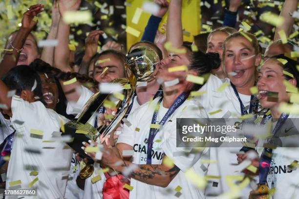 Ali Krieger of NJ/NY Gotham FC kisses the NWSL Championship trophy after defeating the OL Reign during the 2023 NWSL Championship game at Snapdragon...