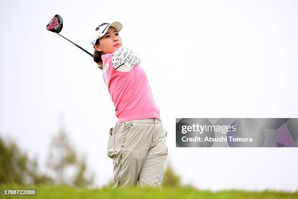 Kana Nagai of Japan hits her tee shot 16 during the final round of 39th Itoen Ladies Golf Tournament at Great Island Club on November 12, 2023 in...