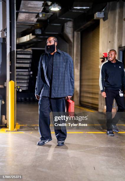 James Harden of the LA Clippers arrives to the arena before the game against the Houston Rockets during the In-Season Tournament on November 17, 2023...