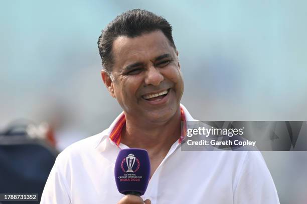 Former Pakistan bowler and television commentator Waqar Younis during the ICC Men's Cricket World Cup India 2023 between England and Pakistan at Eden...