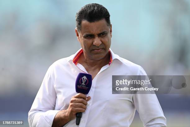 Former Pakistan bowler and television commentator Waqar Younis during the ICC Men's Cricket World Cup India 2023 between England and Pakistan at Eden...