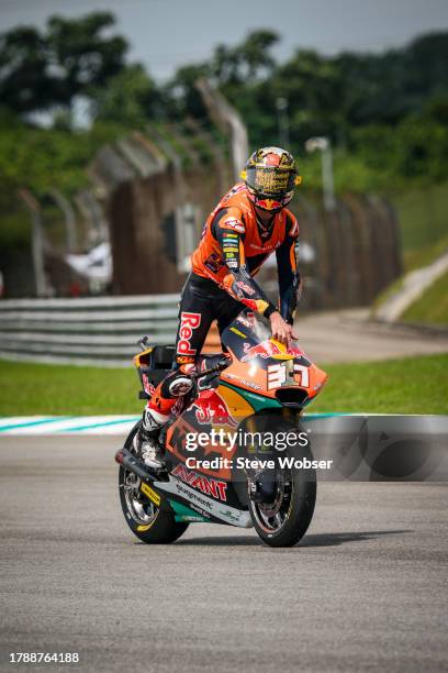 Moto2 rider Pedro Acosta of Spain and Red Bull KTM Ajo on his outlap as new Moto2 world champion during the Race of the MotoGP PETRONAS Grand Prix at...