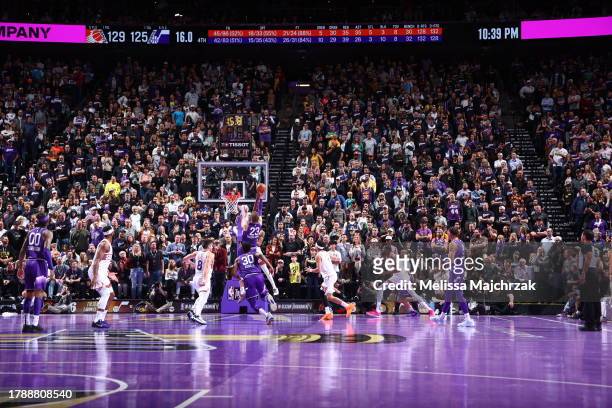Keita Bates-Diop of the Phoenix Suns blocks the shot by Lauri Markkanen of the Utah Jazz during the In-Season Tournament on November 17, 2023 at...
