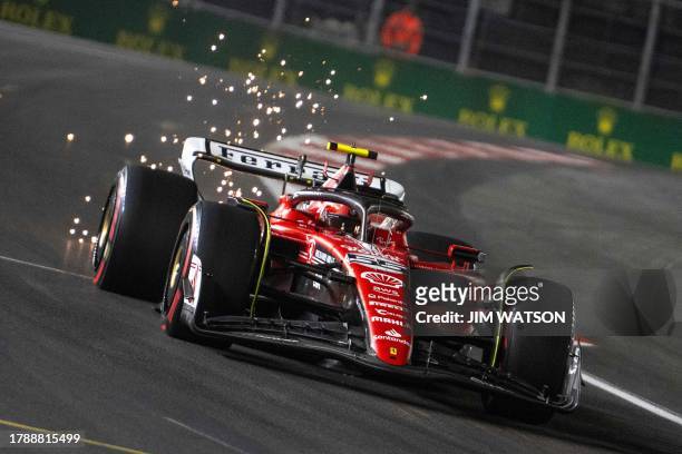 Ferrari's Spanish driver Carlos Sainz Jr., races during the third practice session for the Las Vegas Formula One Grand Prix on November 17 in Las...
