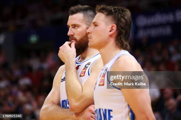 Aron Baynes and Isaac White of the Bullets looks dejected during the round seven NBL match between Sydney Kings and Brisbane Bullets at Qudos Bank...