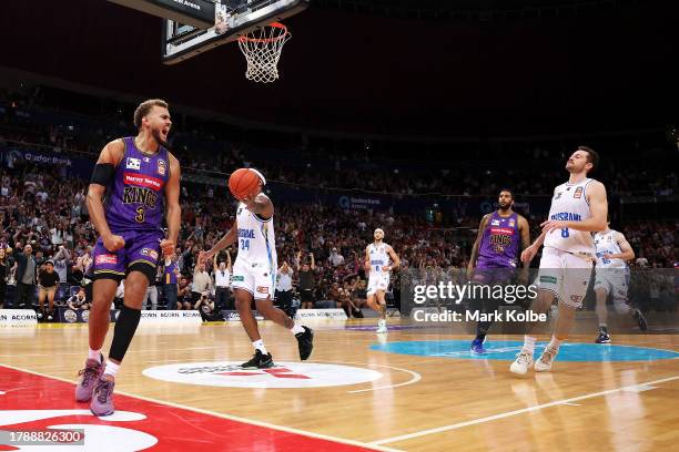 Hogg of the Kings celebrates a dunk during the round seven NBL match between Sydney Kings and Brisbane Bullets at Qudos Bank Arena, on November 12 in...