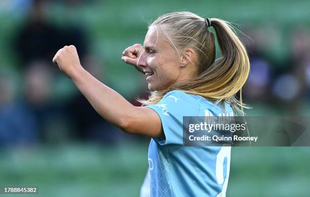 Holly McNamara of Melbourne City celebrates scoring a goal during the A-League Women round four match between Melbourne City and Western Sydney...