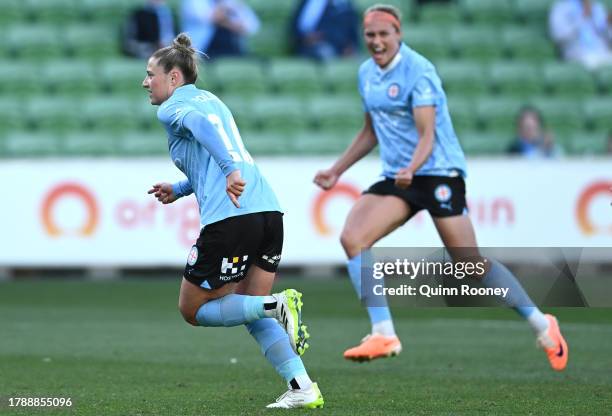 Rhianna Pollicina of Melbourne City celebrates scoring a goal during the A-League Women round four match between Melbourne City and Western Sydney...