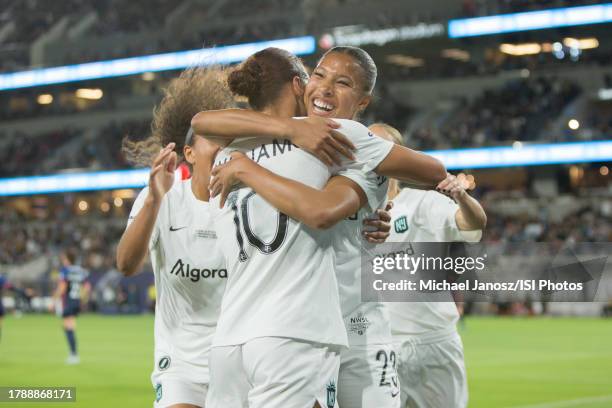 Margaret Melinda Williams-Purce and Lynn Williams of Gotham FC celebrate a goal during NWSL Cup Final game between NJ/NY Gotham City FC and OL Reign...