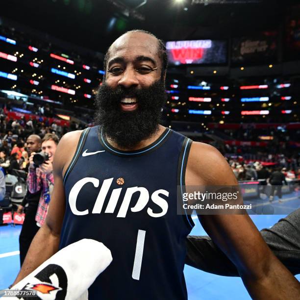 James Harden of the LA Clippers smiles after the game against the Houston Rockets during the In-Season Tournament on November 17, 2023 at Crypto.Com...