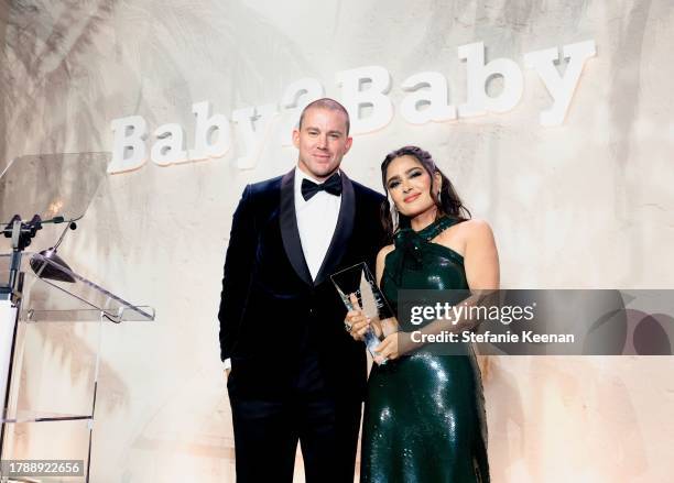 Channing Tatum and Salma Hayek Pinault pose onstage during 2023 Baby2Baby Gala Presented By Paul Mitchell at Pacific Design Center on November 11,...