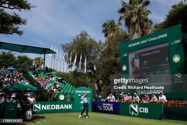 Alexander Bjork of Sweden tees off on the first hole during Day Four of the Nedbank Golf Challenge at Gary Player CC on November 12, 2023 in Sun...