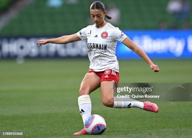 India Breier of the Wanderers passes the ball during the A-League Women round four match between Melbourne City and Western Sydney Wanderers at AAMI...