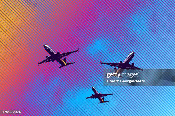 airliners taking off into sunrise - dramatic sky stock illustrations