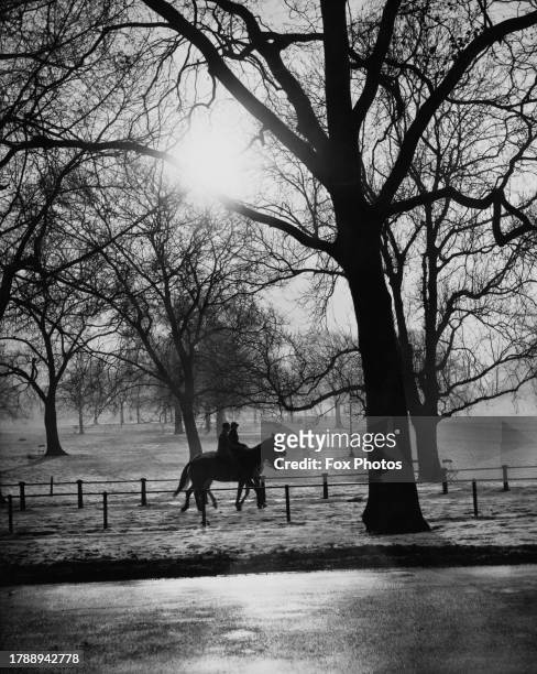 Horse riders on a winter's day on Rotten Row, in Hyde Park, London, England, circa 1955.