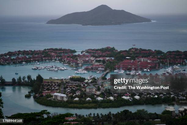 Housing and businesses on Eden Island an artificial island on September 5, 2023 near the capitol of Victoria, on the island of Mahé, Seychelles. Mahé...