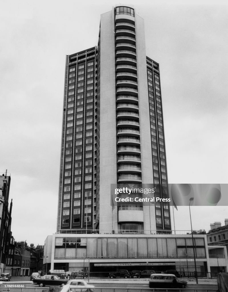 A low-angle view of the London Hilton Hotel on Park Lane, in the ...