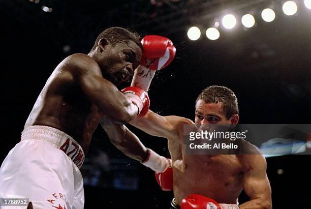 Jesse James Leija and Azumah Nelson trade blows during a bout in Las Vegas, Nevada. Leija won the fight in 12 rounds. Mandatory Credit: Al Bello...