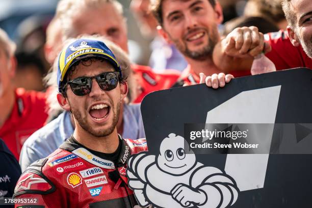 Enea Bastianini of Italy and Ducati Lenovo Team at parc ferme after he won the race during the Race of the MotoGP PETRONAS Grand Prix at Sepang...