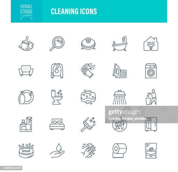 stockillustraties, clipart, cartoons en iconen met cleaning line icons editable stroke - vuilnisman
