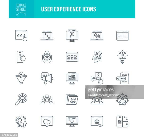 ilustraciones, imágenes clip art, dibujos animados e iconos de stock de iconos de experiencia de usuario trazo editable - diseño web adaptable