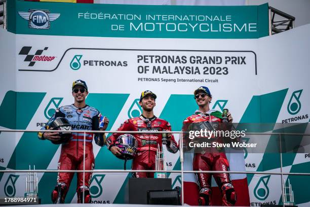 MotoGP Top-3 riders on the podium with Alex Marquez of Spain and Gresini Racing MotoGP , Enea Bastianini of Italy and Ducati Lenovo Team and...