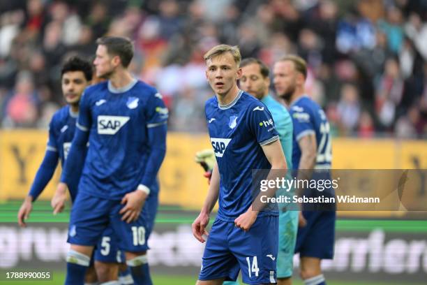 Maximilian Beier of TSG Hoffenheim looks on during the Bundesliga match between FC Augsburg and TSG Hoffenheim at WWK-Arena on November 11, 2023 in...