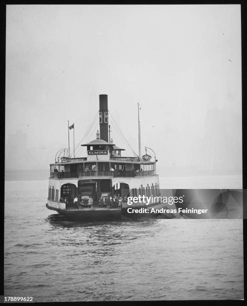 Hudson River ferry in fog, New York, New York, 1940.