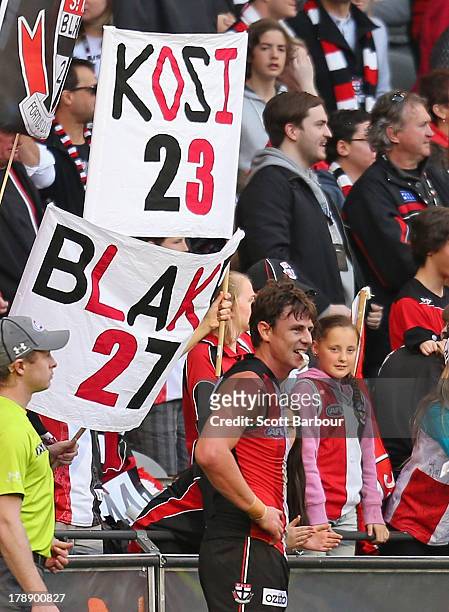 Justin Koschitzke of the Saints looks on after his goal was disallowed during the round 23 AFL match between the St Kilda Saints and the Fremantle...