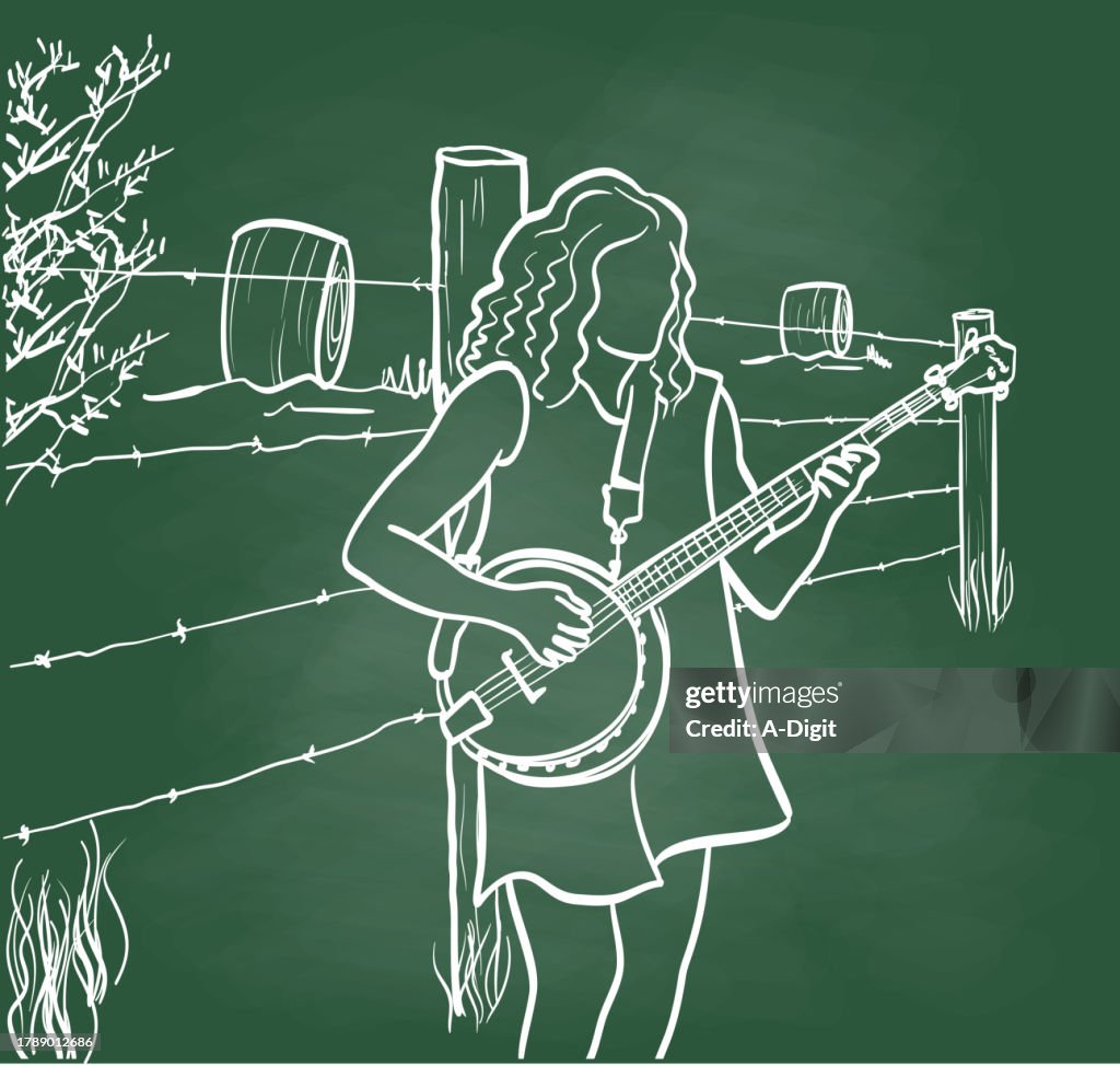 Banjo Player Countryside Chalkboard