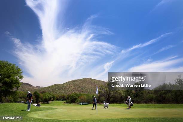 Max Homa of the United States chips onto the seventh green during Day Four of the Nedbank Golf Challenge at Gary Player CC on November 12, 2023 in...