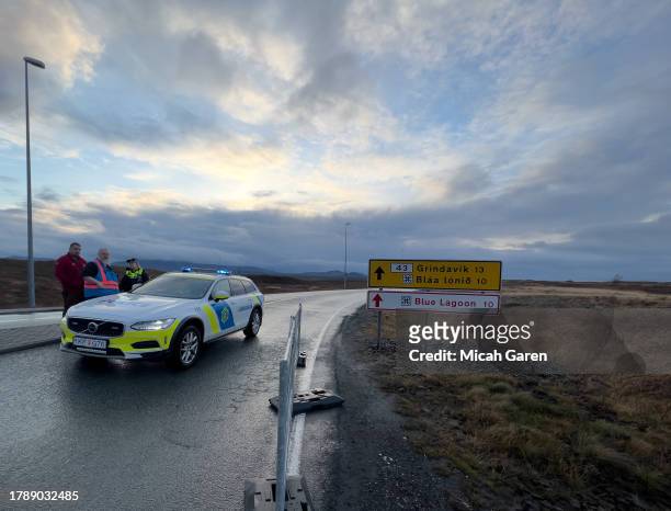 The road to Grindavik is closed by the police on November 12, 2023 in Grindavik, Iceland. The country has declared a state of emergency after a...