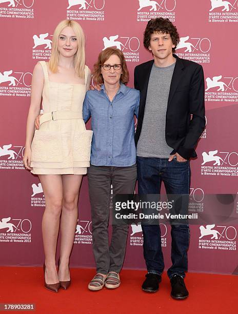 Actors Dakota Fanning, Writer/Director Kelly Reichardt and Jesse Eisenberg attend "Night Moves" Photocall during the 70th Venice International Film...