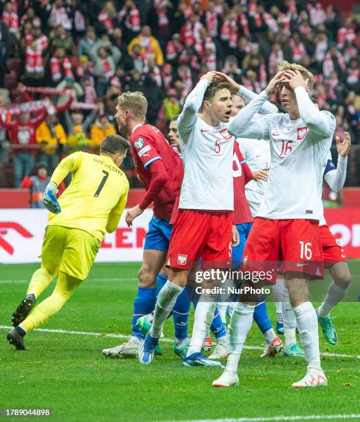 Jan Bednarek , Adam Buksa during UEFA EURO 2024 qualifier match, Poland vs Czech Republic, in Warsaw, Poland on October 15, 2023.