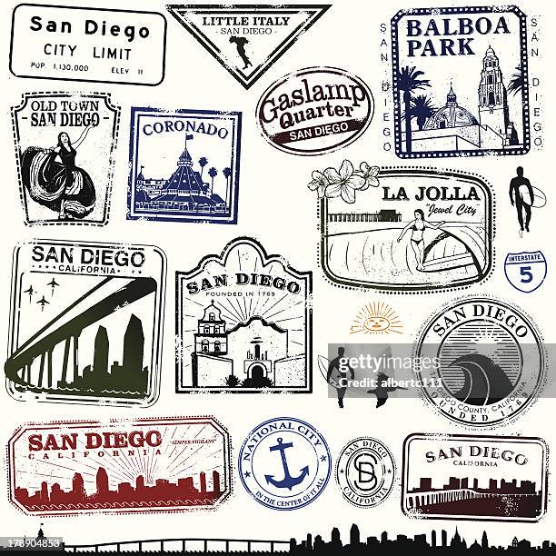 stamps of san diego - balboa park stock illustrations