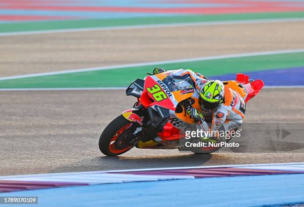 Spanish MotoGP rider Joan Mir of Repsol Honda Team action Free Practice 1 session of MotoGP Qatar Airways Grand Prix of Qatar 2023 at the Losail...