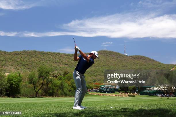 Max Homa of the United States plays his second shot on the ninth hole during Day Four of the Nedbank Golf Challenge at Gary Player CC on November 12,...