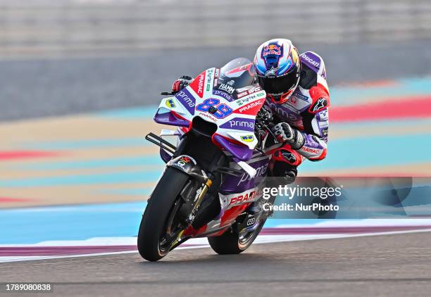Spanish MotoGP rider Jorge Martin of Prima Pramac Racingaction Free Practice 1 session of MotoGP Qatar Airways Grand Prix of Qatar 2023 at the Losail...