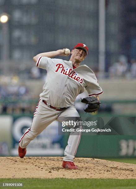 Pitcher Brett Myers of the Philadelphia Phillies pitches against the Pittsburgh Pirates during a game at PNC Park on July 7, 2005 in Pittsburgh,...