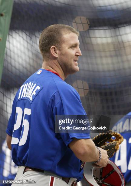 Jim Thome of the Philadelphia Phillies looks on from the field during batting practice before a game against the Pittsburgh Pirates at PNC Park on...