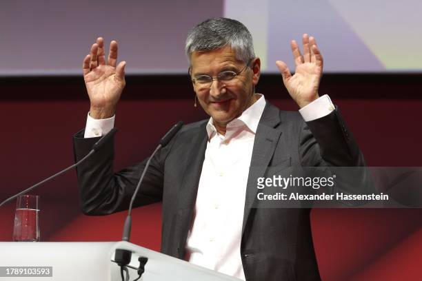Herbert Hainer, President of FC Bayern München gesture during the annual general meeting of football club FC Bayern Muenchen at Rudi-Sedlmayer-Halle...