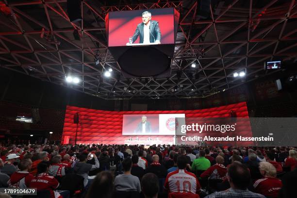 Herbert Hainer, President of FC Bayern München speaks during the annual general meeting of football club FC Bayern Muenchen at Rudi-Sedlmayer-Halle...
